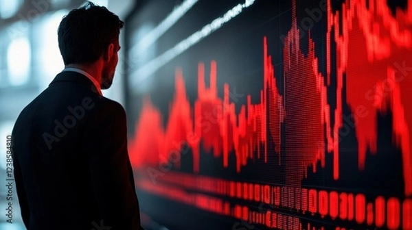 Obraz A stock market graph showing a downward trend, with the silhouette of a man in a suit looking at it.