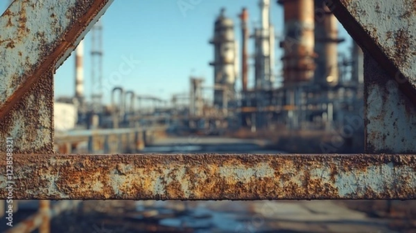 Fototapeta Rusty Frame Views Industrial Complex Warm Light. AI Generated