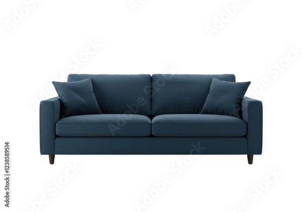 Fototapeta Deep blue fabric sofa with two large cushions and two side pillows, isolated on white background