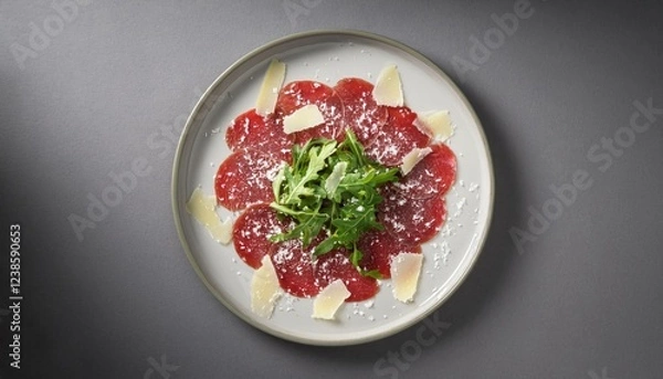 Obraz Beef carpaccio with arugula and parmesan on a gray background 
