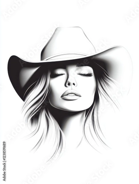 Fototapeta Black and white detailed portrait of a woman with a cowboy hat, showcasing serene expression and flowing hair against a minimalist background