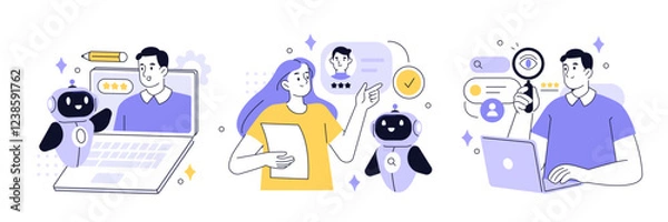 Fototapeta Hiring set. Characters use artificial intelligence technology for business recruitment process, job searching, interview. Human recourses concept. Vector illustration.