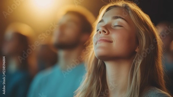 Fototapeta Portrait of a young woman enjoying a powerful moment of peace and introspection in a well-lit setting with soft, warm colors and glowing highlights