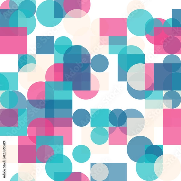 Fototapeta Seamless Geometric Bright Colors Pattern. Repetitive Texture. Modern Ornament with Transparen Circles and Squares. Abstract Vector Background