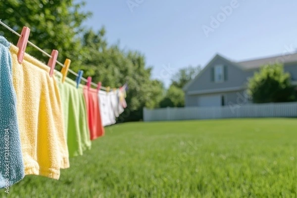 Fototapeta Colorful clothes drying on a clothesline with clothespins in a green backyard. Eco-friendly laundry drying concept