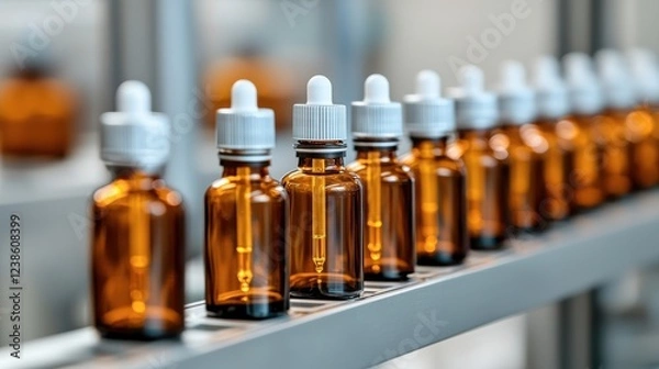 Fototapeta A neat row of amber glass dropper bottles, showcasing a clean and organized display, likely used for essential oils or medicinal liquids.