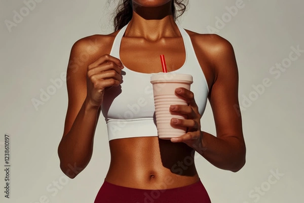 Obraz Active woman holding refreshing drink in workout attire against a neutral background