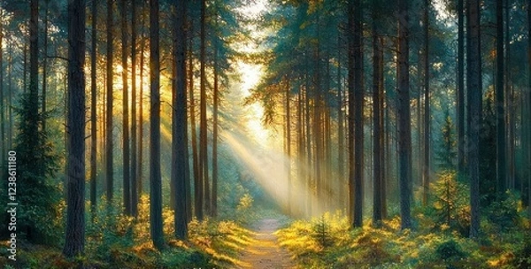 Obraz Tranquil Spring Forest with Sunlight Filtering through Pine Trees