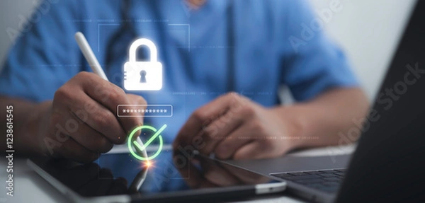 Fototapeta Medical professional securing digital healthcare data, showcasing security and privacy protection in the modern medical industry. Highlighting encryption, authentication and secure access solutions
