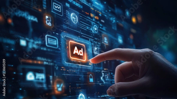 Fototapeta Digital advertising concept with a glowing ad button on a futuristic interface, depicting online marketing, pay-per-click advertising, and data-driven promotional strategie