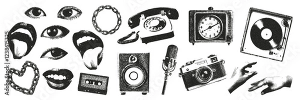 Obraz Retro elements with a photocopy effect for creating collages. Vinyl record, cassette, microphone, mouth, eyes, cassette, chain. Vector illustration in a grayscale dot design of punk.