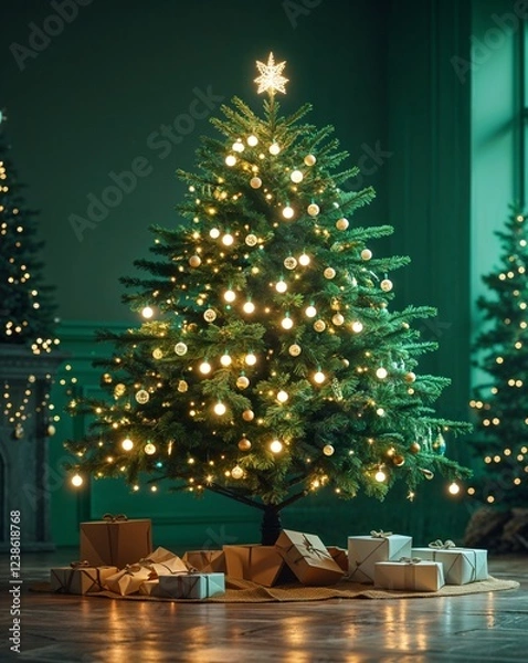 Fototapeta Green classic holiday tree with softly twinkling lights abstract Christmas tree concept background
