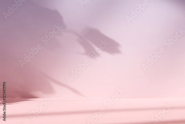 Fototapeta Abstract pink color gradient studio background for product presentation. Empty room with shadows of window and flowers and plant leaves . 3d purple room with copy space. Blurred backdrop.