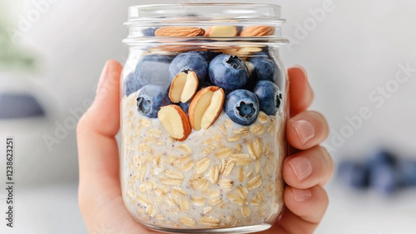 Fototapeta Healthy Eating Concept, Creamy overnight oats in jar topped with blueberries and almonds
