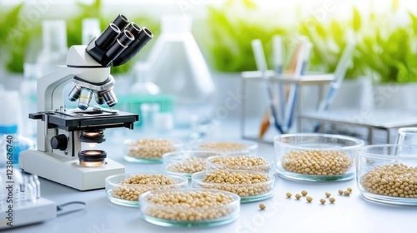 Obraz Soybeans lab analysis microscope, petri dishes, research