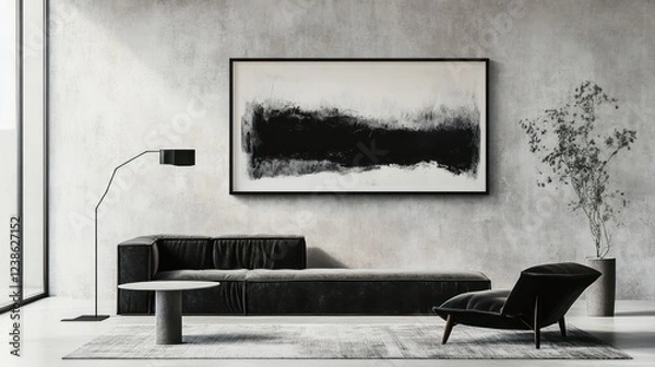 Fototapeta Black rectangular frame on a light gray wall with subtle texture, paired with modern black and white furniture.