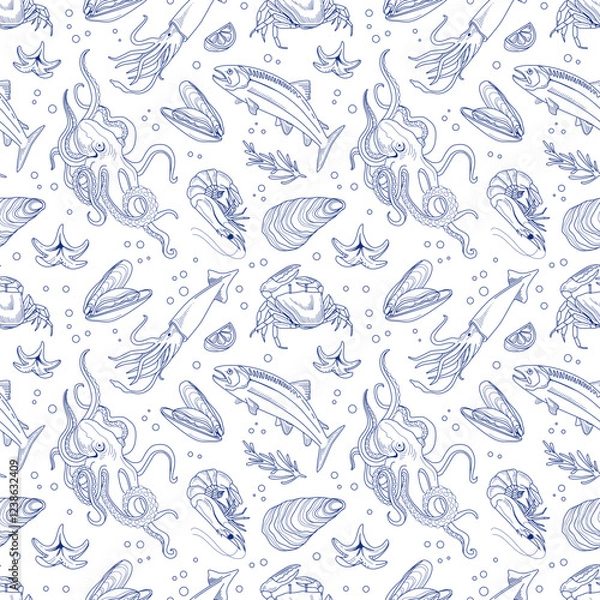Obraz Seafood seamless vector pattern. Hand drawn line octopus, shrimp, salmon, oysters, mussels, squid, crab, lemon, rosemary. Seafood for poster, decoration of fabrics, packaging, menu product market.