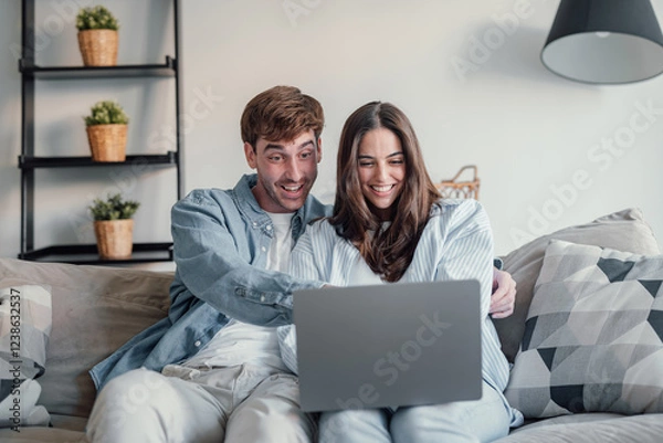 Fototapeta Happy millennial couple sit relax on couch in living room watching video on laptop together, smiling young husband and wife rest on sofa at home browsing Internet using modern computer device.