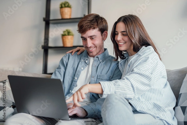 Fototapeta Happy millennial couple sit relax on couch in living room watching video on laptop together, smiling young husband and wife rest on sofa at home browsing Internet using modern computer device.