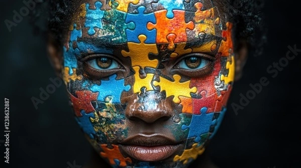 Fototapeta Portrait of a person with colorful puzzle piece face paint showcasing creativity and imagination. Generative AI