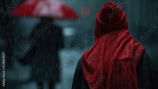 Fototapeta Person Under Red Umbrella in the Rain