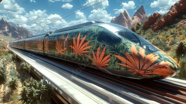 Obraz High-speed train decorated with cannabis leaf patterns travels through a mountainous landscape during a sunny day. Generative AI