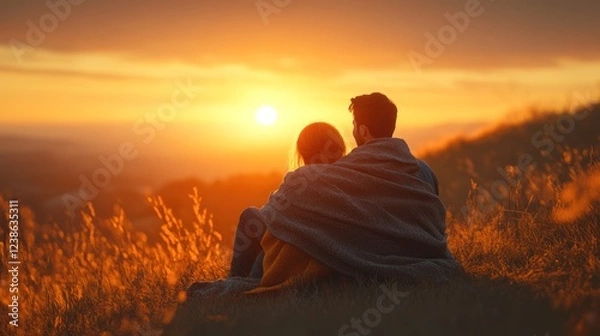 Obraz Couple enjoys a cozy sunset while wrapped in a blanket on a grassy hilltop in the evening. Generative AI
