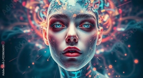 Fototapeta Futuristic Portrait of a Woman with Cybernetic Enhancements and Digital Energy for Sci-Fi and Technology Concepts