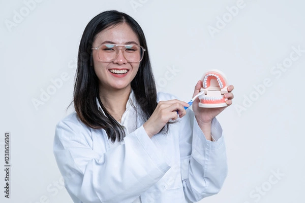 Obraz Dentists are demonstrating how to brush and care for teeth properly.