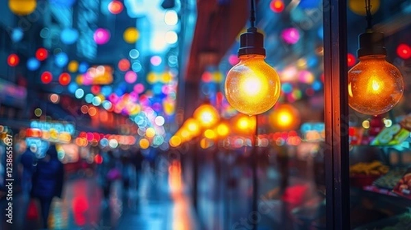 Fototapeta Vibrant Urban Street Scene at Night with Colorful Hanging Lanterns and Warm Illuminated Light Bulbs Reflecting on Window Surface