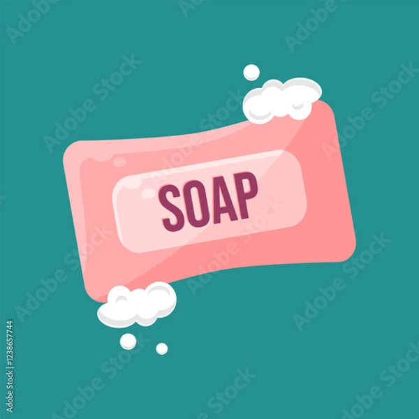 Fototapeta Soap and foam icon pink color designed in flat cartoon style, vector illustration. Bar soap for bathing.