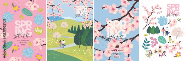 Fototapeta Hello spring! Springtime. Vector illustration of nature, landscape, sakura or cherry blossom, park, trees, family on a walk, field, lawn for background, banner or poster