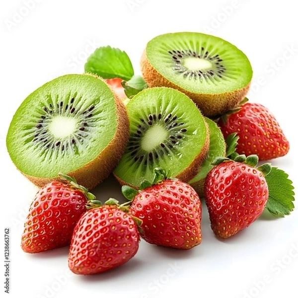 Fototapeta Fresh kiwi and strawberry isolated on clean white background Generative Ai.