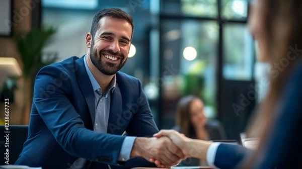 Fototapeta Happy young businessman bank manager shaking hands with clients in a meeting, in a job interview, insurance agent, lawyer, contracting with a company.