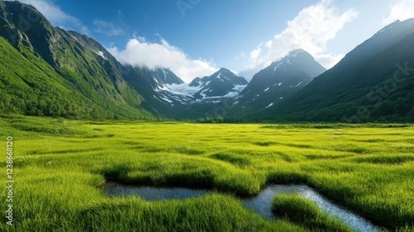Fototapeta A serene wetland landscape with lush green grass, surrounded by imposing mountain ranges, symbolizing the deep connection between water and earth in nature.