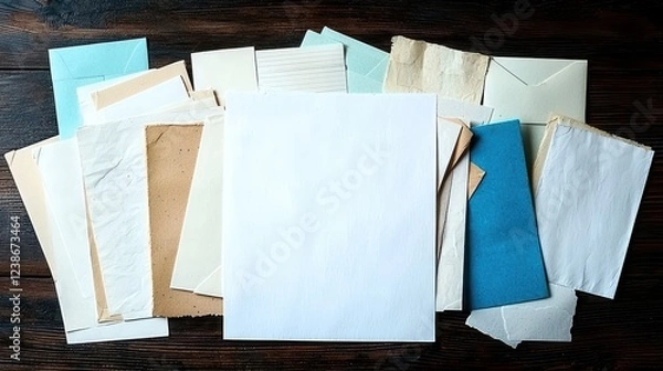Fototapeta A pile of assorted sheets of paper stacked on a rustic wooden table surface