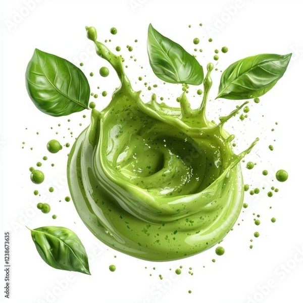 Fototapeta Vibrant green pesto sauce splash with basil and parmesan flecks, isolated on white background