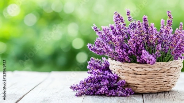 Obraz Lavender bouquet in wicker basket, garden background, spa, aromatherapy
