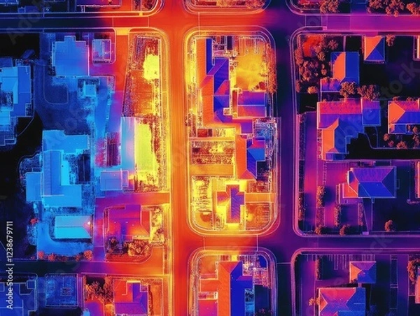 Obraz Thermal aerial view of a residential neighborhood with vibrant color grading