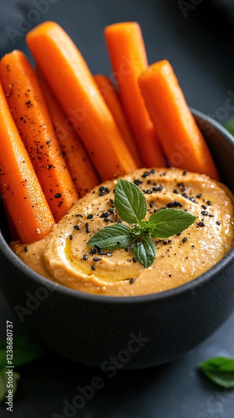 Fototapeta Fresh carrot sticks with hummus dip on the side, soft natural light in minimalist food photography
