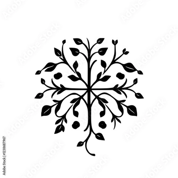 Fototapeta Elegant Black and White Floral Cross Design: Symmetrical Botanical Illustration, Nature-Inspired Pattern for Decor and Graphics