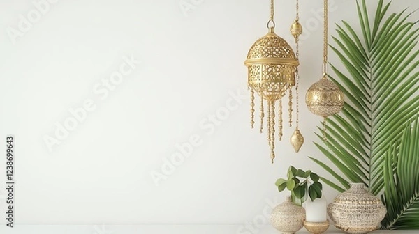 Fototapeta Golden Lanterns and Vases with Palm Decor: Elegant Home Decor Ideas