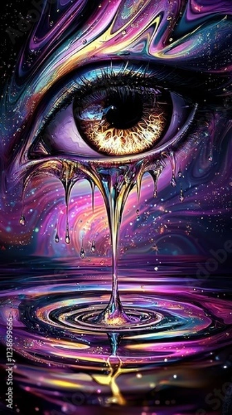 Fototapeta A surreal, mystical eye drips vibrant colors into a cosmic pool below, surrounded by a swirling galaxy that sparkles in the enchanting night sky