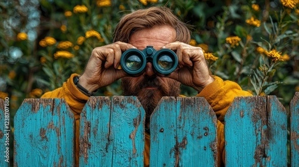 Fototapeta Bearded Man Peeking Over Fence With Binoculars