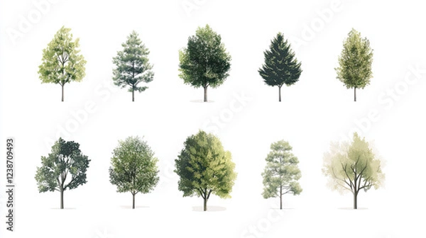 Fototapeta Collection of isolated 2D trees in minimalistic style, showcasing various shapes and colors