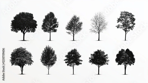 Fototapeta Collection of isolated 2D trees in minimalistic style, showcasing various shapes and sizes