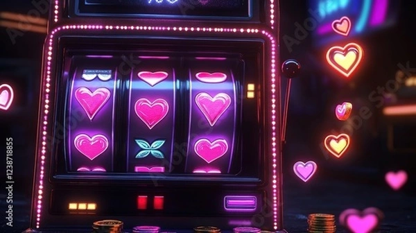Fototapeta A neon slot machine with heart symbols and bright lights, set against a dark background.