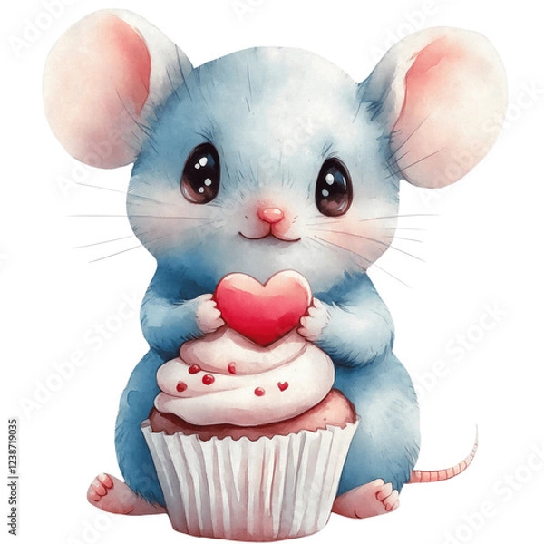 Fototapeta Watercolor clipart of baby mouse holding a cupcake with heart, isolated on a tranparent background, nurcery art, valentines day sticker, illustration of romantic forest animals