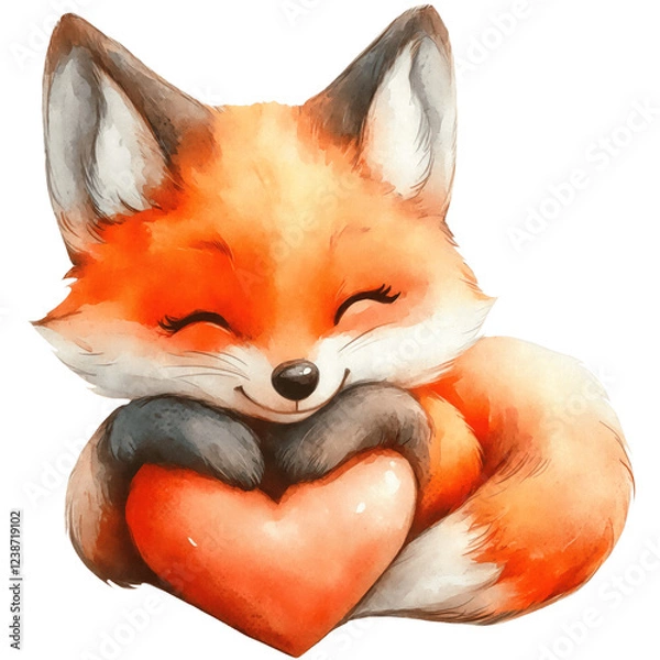 Fototapeta Watercolor clipart of baby fox holding a heart, isolated on a tranparent background, nurcery art, valentines day sticker, illustration of romantic forest animals