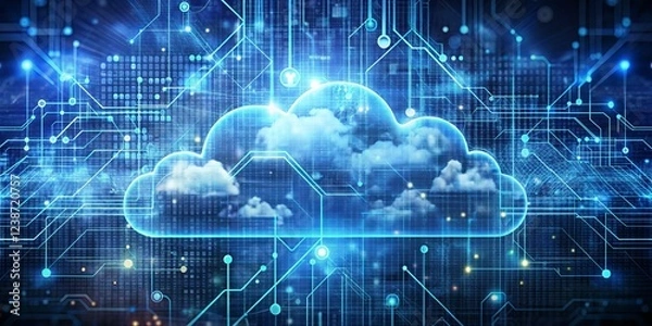 Fototapeta Cloud Computing Digital Network and Circuitry Illustration with Glowing Blue Lines and a Cloud Symbol
